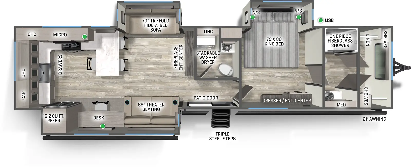 The Sierra Destination 396RKLR floorplan has one entry and three slide outs. Exterior features include: fiberglass exterior and 21' awning. Interiors features include: rear kitchen and bathroom and a half.